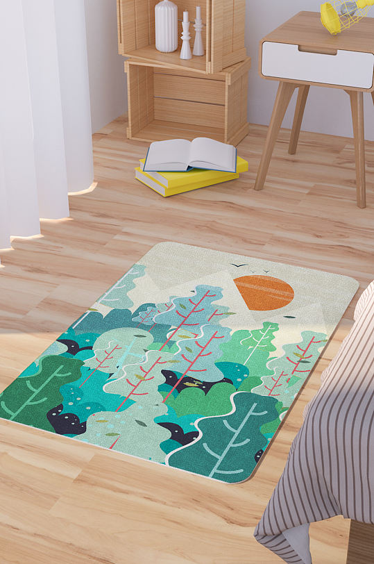 创意夕阳下的树林风景插画矢量地毯-众图网