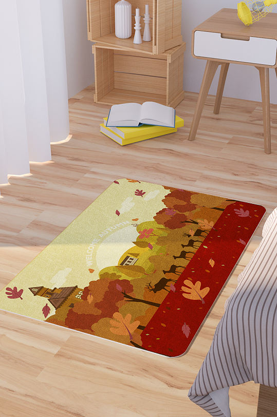 秋季鹿群剪影矢量插画卡通地毯-众图网