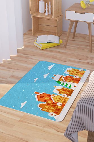 彩色雪中的圣诞小城风景插画矢量地毯