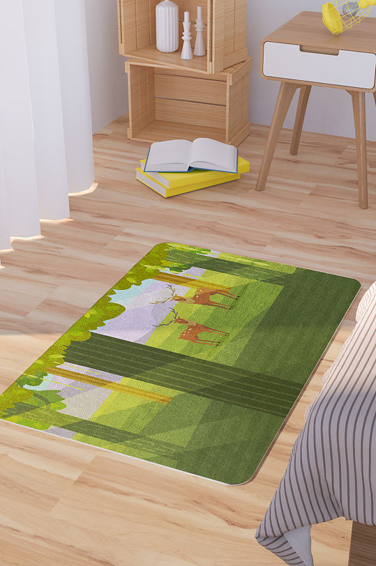 矢量手绘春季森林鹿风景插画地毯地垫