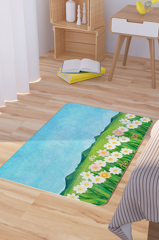 彩绘春季花丛风景插画矢量地毯地垫