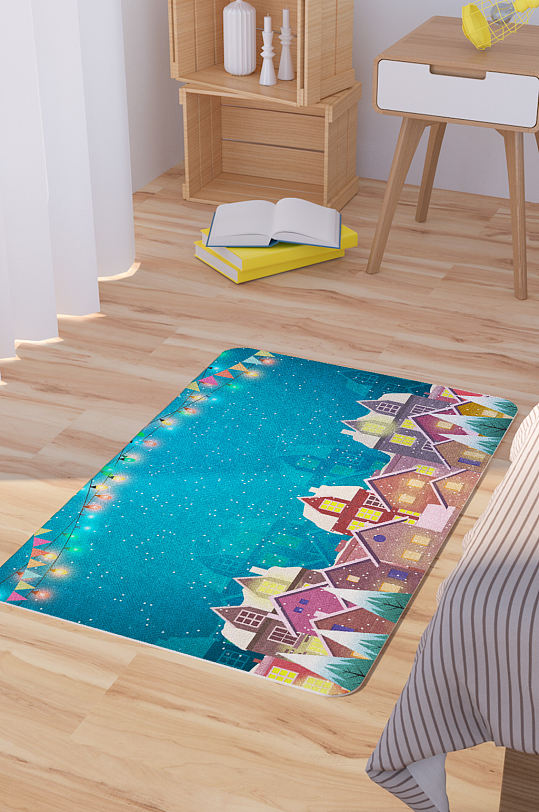 创意圣诞夜小城风景插画矢量地毯图案-众图网