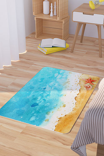水彩手绘夏季海边海螺和海星地毯