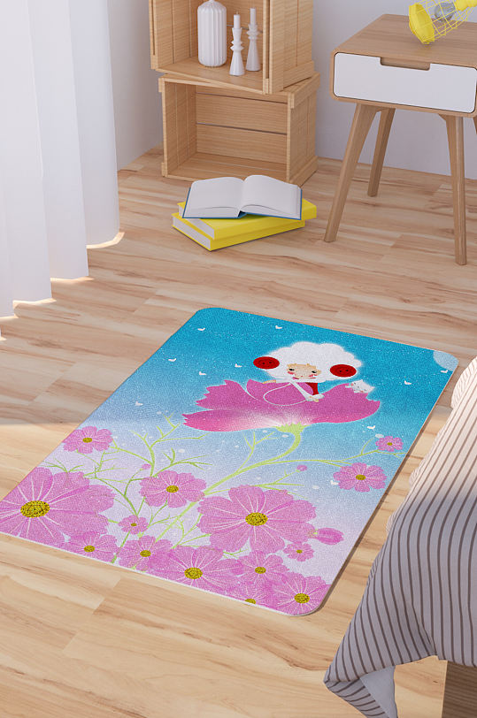 矢量卡通鲜花少女插画地毯门垫图案-众图网