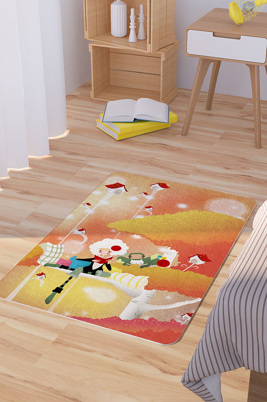 读书的少女矢量插画地毯地垫图案-众图网