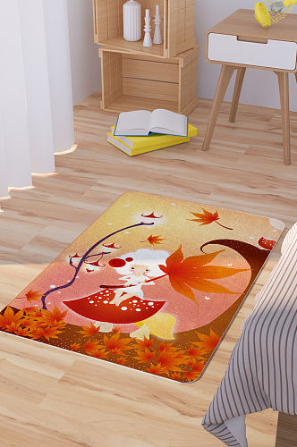 秋天枫叶少女插画矢量卡通地毯图案