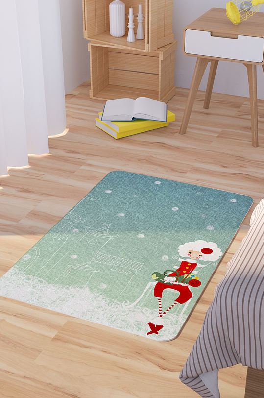 手绘卡通少女插画地毯地垫图案-众图网