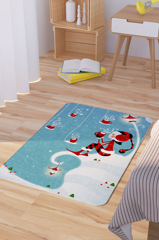 卡通红衣少女插画门垫地毯图案-众图网