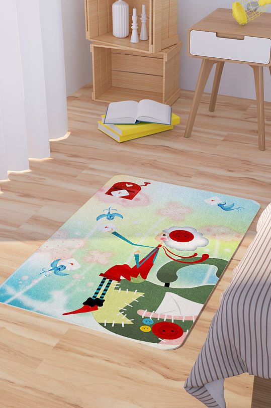 可爱卡通少女插画地毯坐垫图案-众图网