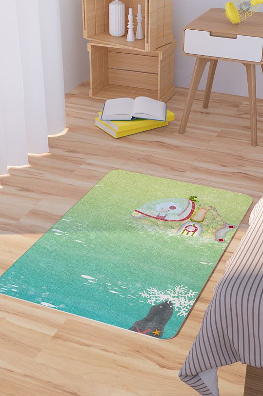 清新少女海底坐潜水艇插画地毯地垫