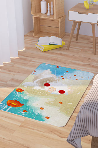 卡通手绘海螺和少女插画地毯坐垫图案