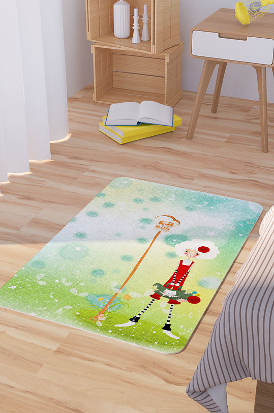 清新可爱少女插画矢量地毯地垫图案-众图网