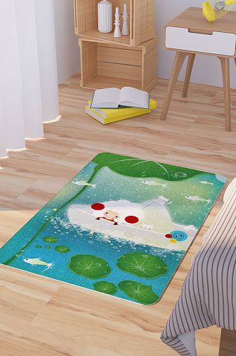 卡通荷塘纸船上的少女插画地毯地垫