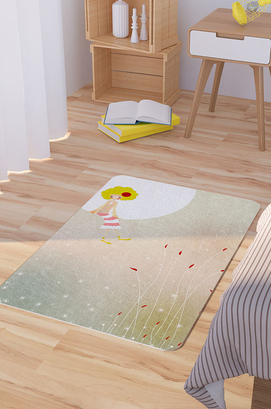坐在月亮上的少女矢量插画地毯地垫