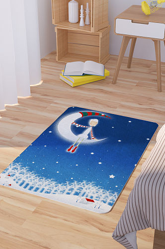 弯月上的少女插画卡通矢量地毯地垫