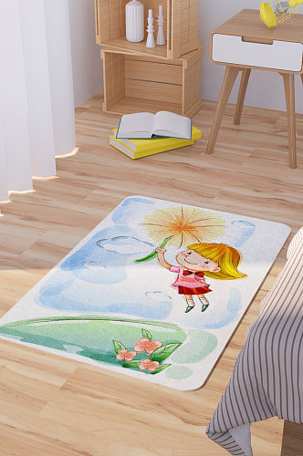 握着蒲公英飞翔的小女孩插画地毯地垫
