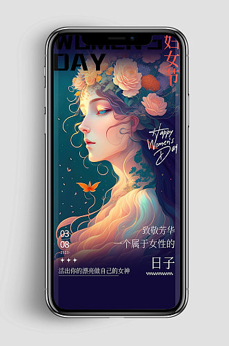 38妇女节女神节手绘插画手机海报