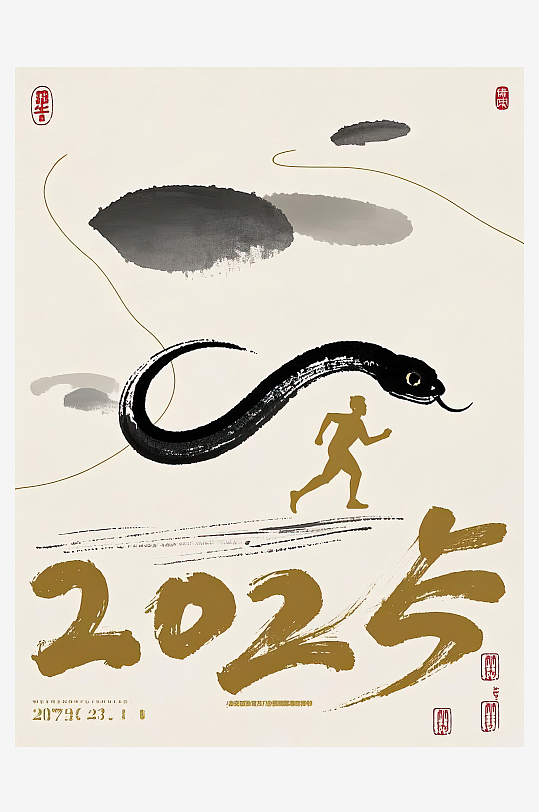 AI数字艺术蛇年2025年水墨海报