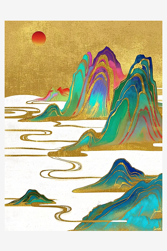 AI數(shù)字藝術(shù)國潮鎏金水墨山水畫裝飾畫