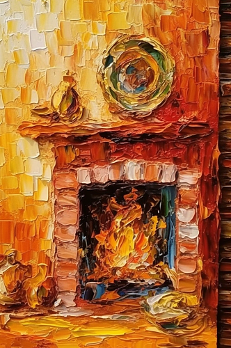 室内壁炉温暖篝火木柴油画