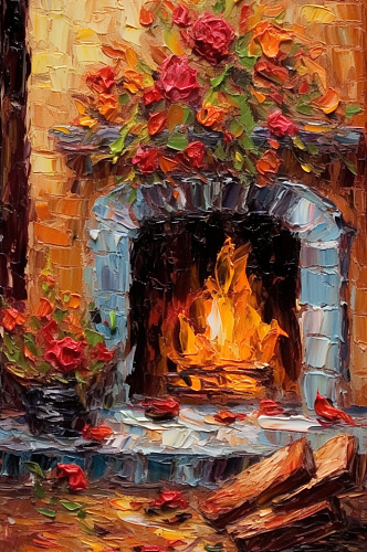 室内壁炉温暖篝火木柴油画
