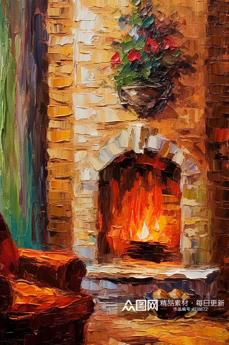 室内壁炉温暖篝火木柴油画素材