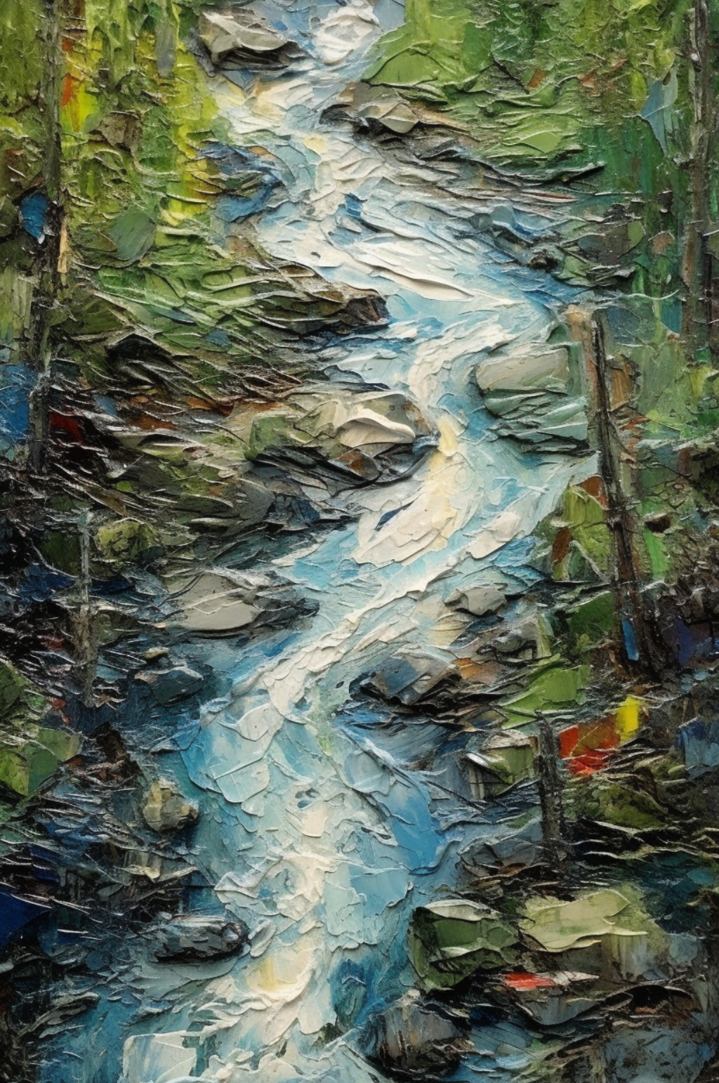 高山流水小溪树木自然清新风景油画素材