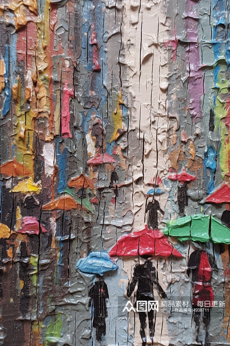 城市街道情侣狱中撑伞漫步浪漫场面油画素材