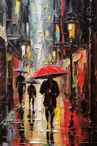 城市街道情侣狱中撑伞漫步浪漫场面油画