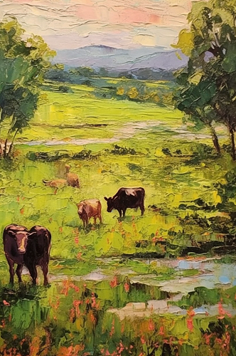 青青草原清澈河水遍地野花牛羊成群牧场油画