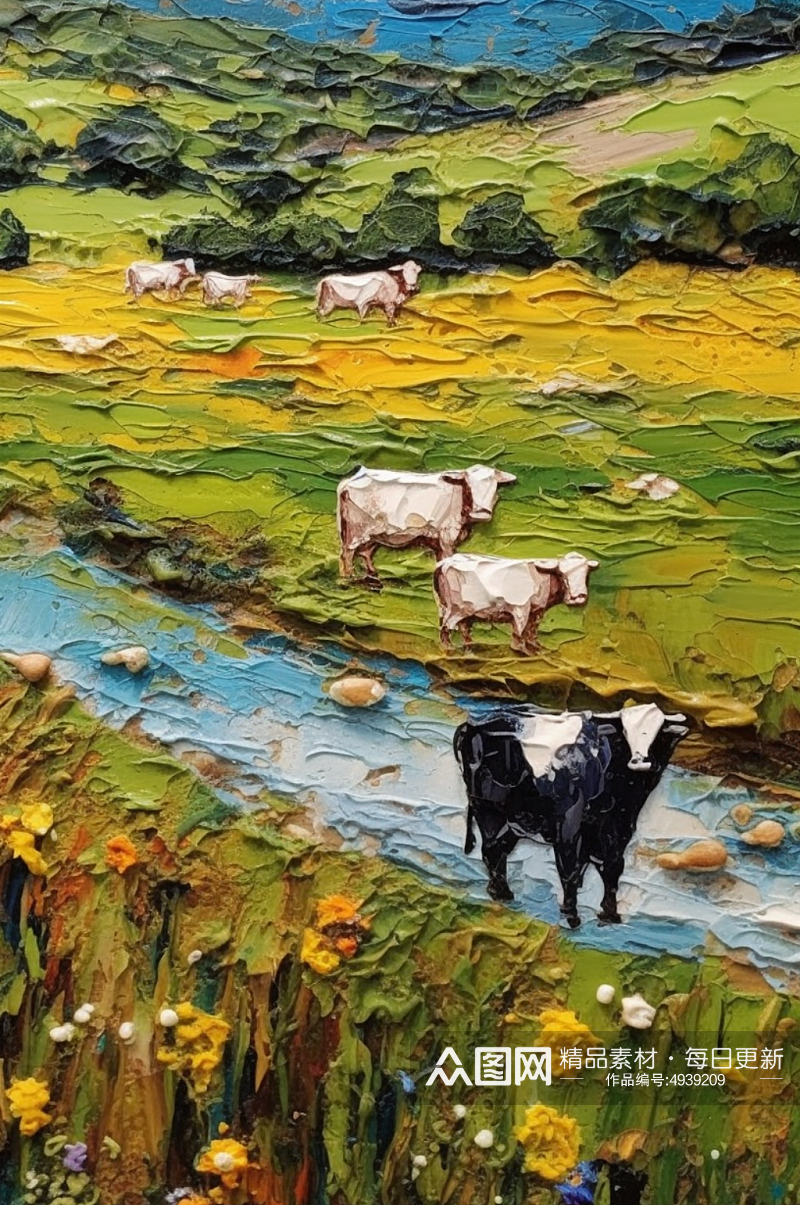 青青草原清澈河水遍地野花牛羊成群牧场油画素材