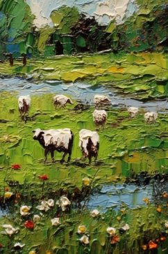 青青草原清澈河水遍地野花牛羊成群牧场油画