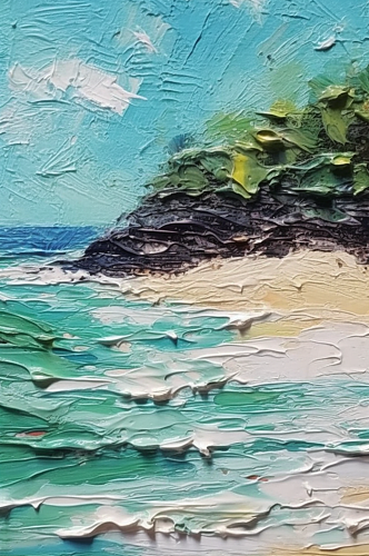 碧绿海水沙滩奇妙岛屿椰树海风阳光风景油画