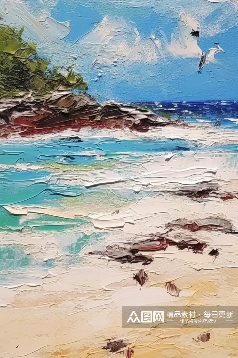 碧绿海水沙滩奇妙岛屿椰树海风阳光风景油画素材