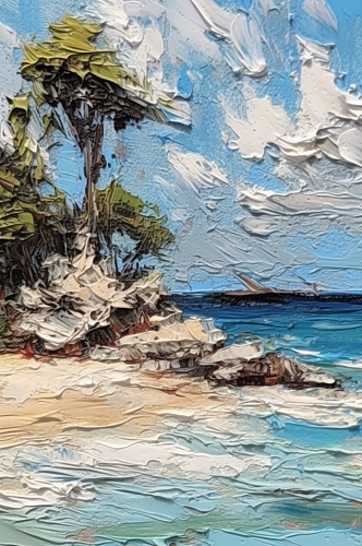 碧绿海水沙滩奇妙岛屿椰树海风阳光风景油画