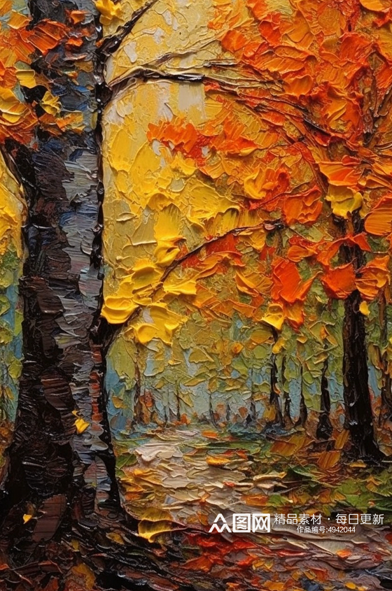 秋日温馨暖色树林黄色落叶风景油画素材