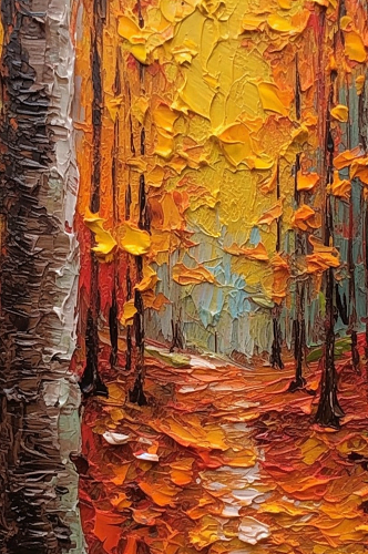 秋日温馨暖色树林黄色落叶风景油画