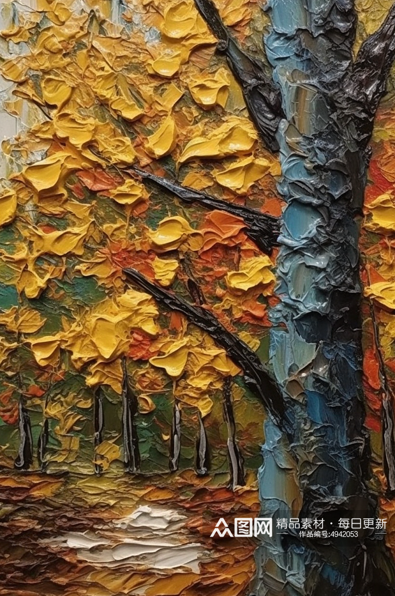 秋日温馨暖色树林黄色落叶风景油画素材