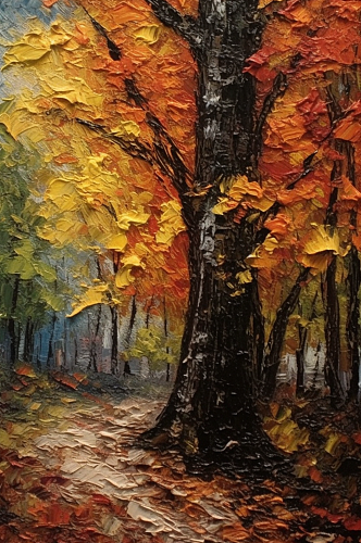 秋日温馨暖色树林黄色落叶风景油画