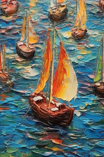 海洋五光十色帆船海上航行油画