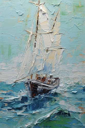 海洋金色帆船海上航行风景油画
