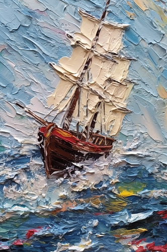 海洋金色帆船海上航行风景油画