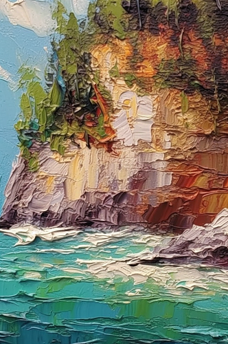 大海碧绿海水洁白海浪山崖油画
