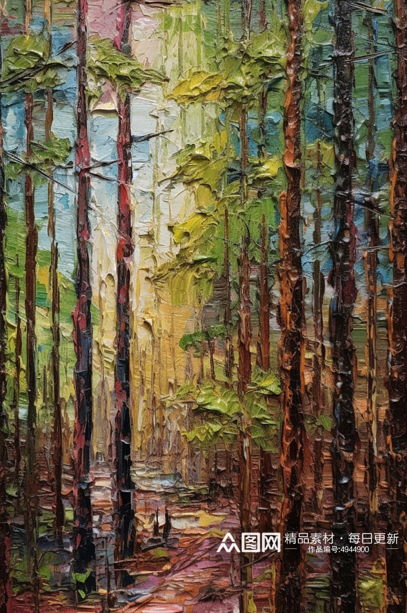森林笔直树干翠绿树叶林间小道风景油画素材