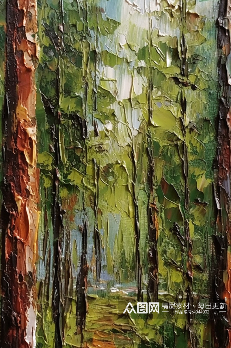 森林笔直树干翠绿树叶林间小道风景油画素材