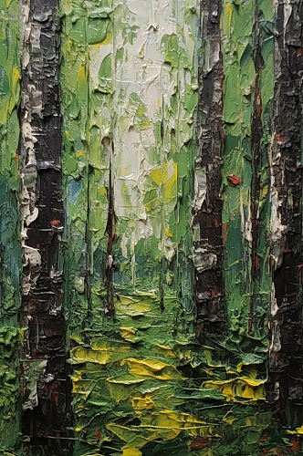 森林笔直树干翠绿树叶林间小道风景油画
