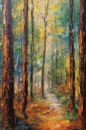 森林笔直树干翠绿树叶林间小道风景油画