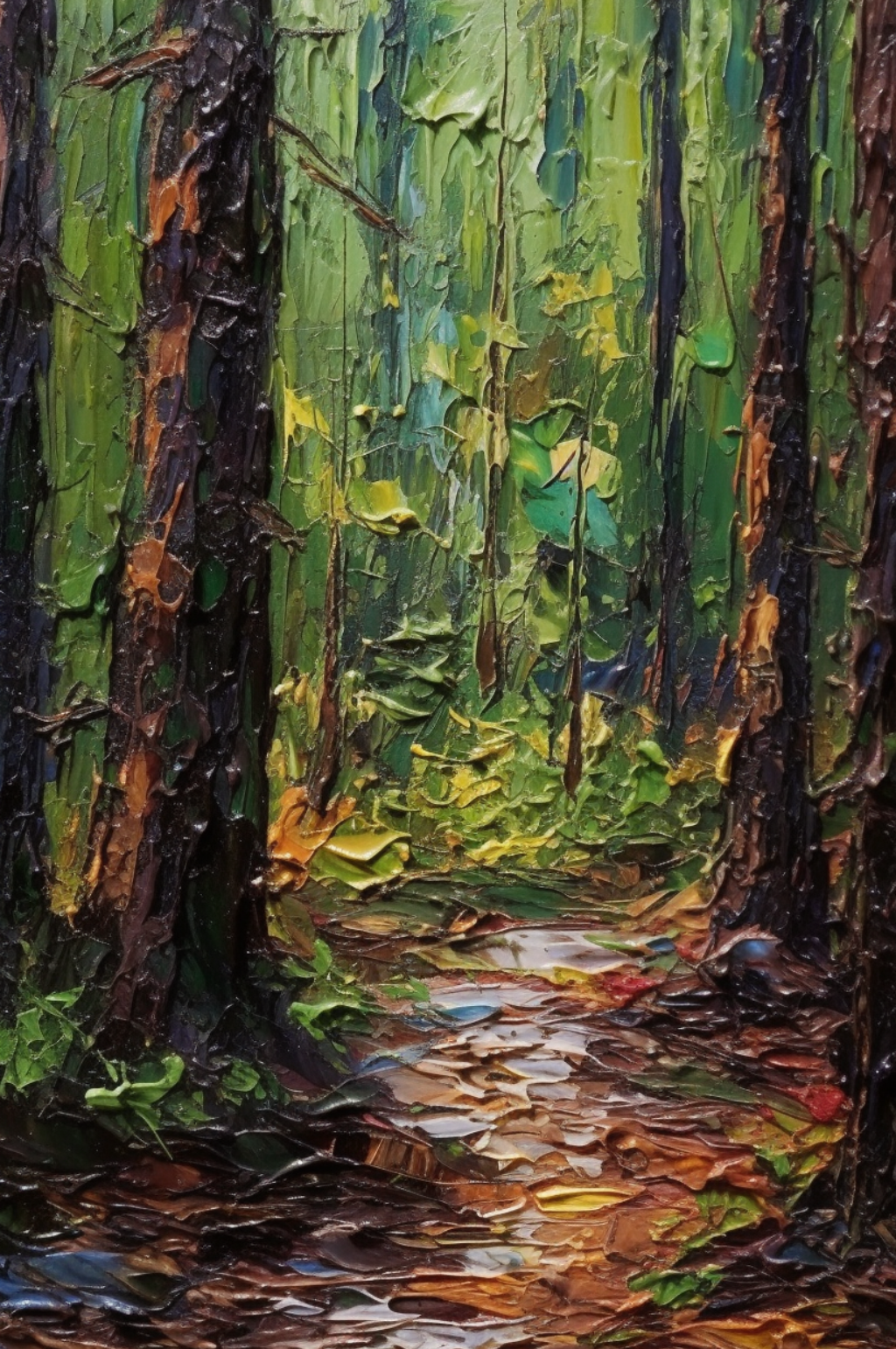 森林笔直树干翠绿树叶林间小道风景油画素材