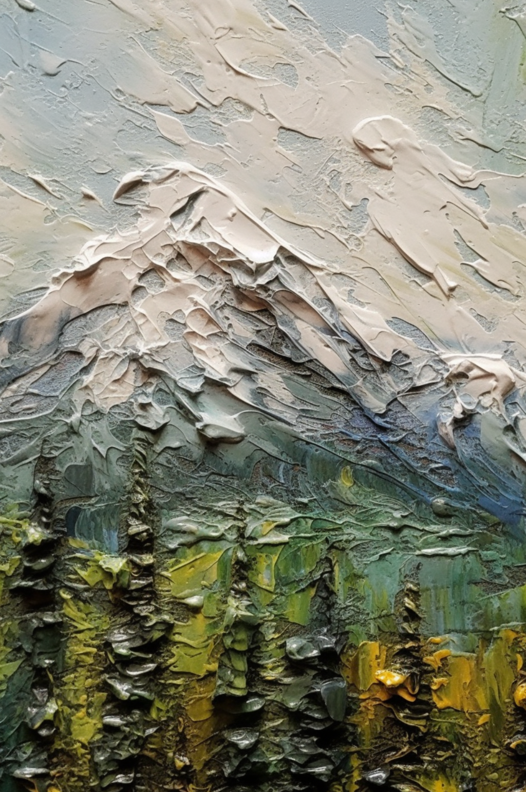 秋天枯黄草地树叶洁白雪山风景油画素材