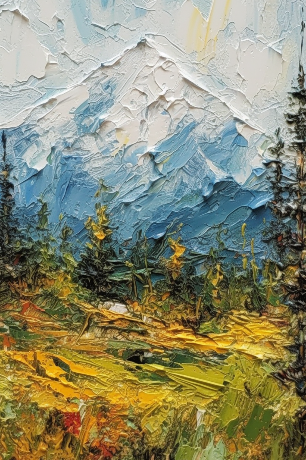 秋天枯黄草地树叶洁白雪山风景油画素材